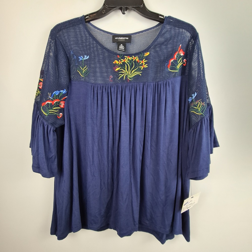Liz Claiborne Career Navy Blue Embroidered Mesh Yoke Bell Sleeve Blouse XL NWT